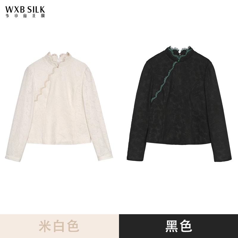 韦小宝2025年春斜襟蕾丝新中式羊毛小衫花卉提花2441101147