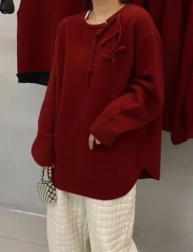 毛衣秋冬拼接保暖针织抗污耐脏慵懒风长袖套头女时尚气质红色