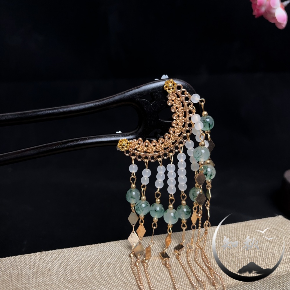 a724【锦绣-绿色】15公分U型长流苏国风气质新中式发簪头饰百搭饰品