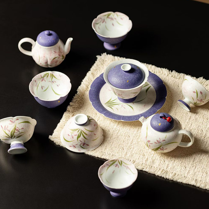 墨己手绘兰花暮云紫复古功夫茶具茶杯高档家用