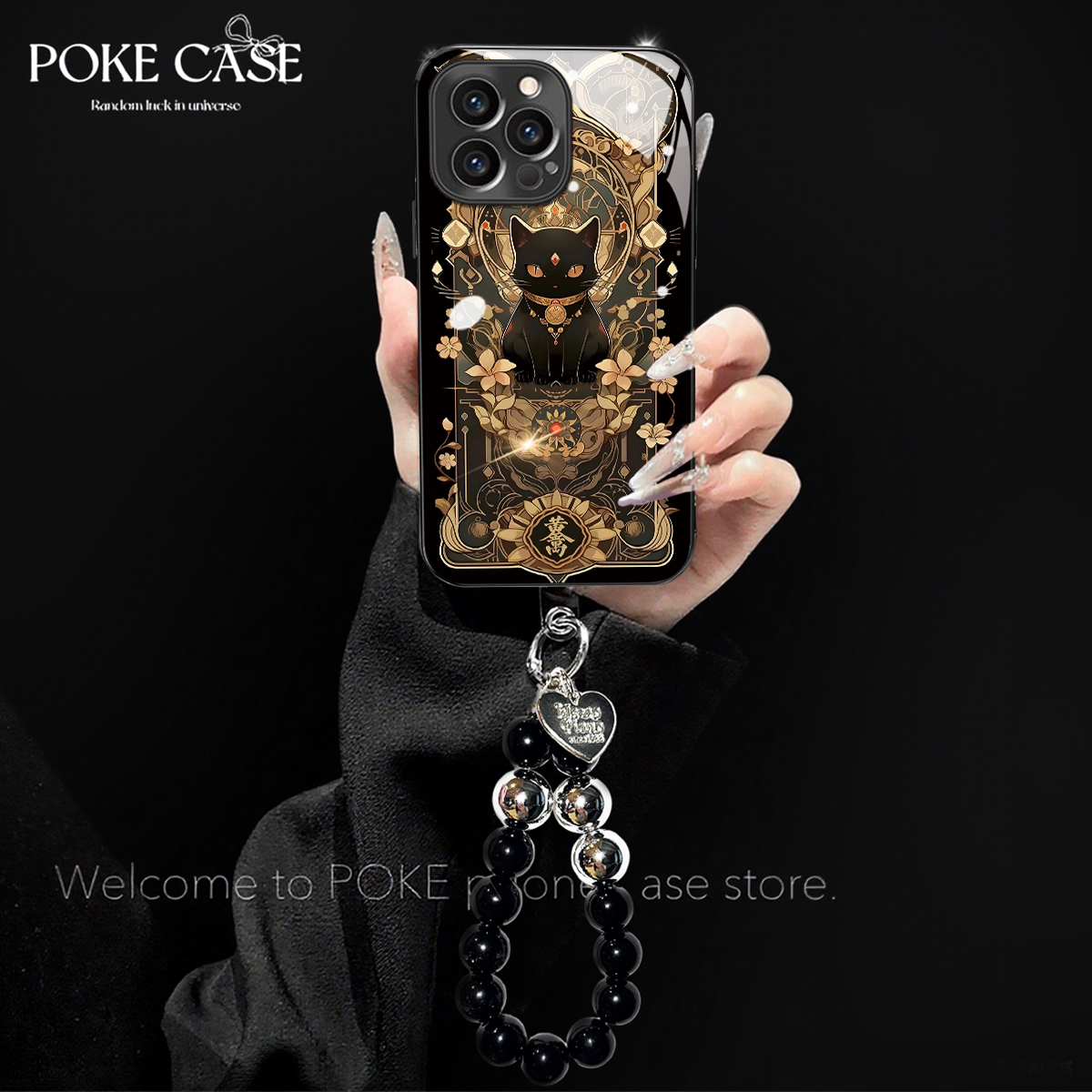 适用【小米/红米系列】招财猫钛灰玻璃珠珠手链手机壳