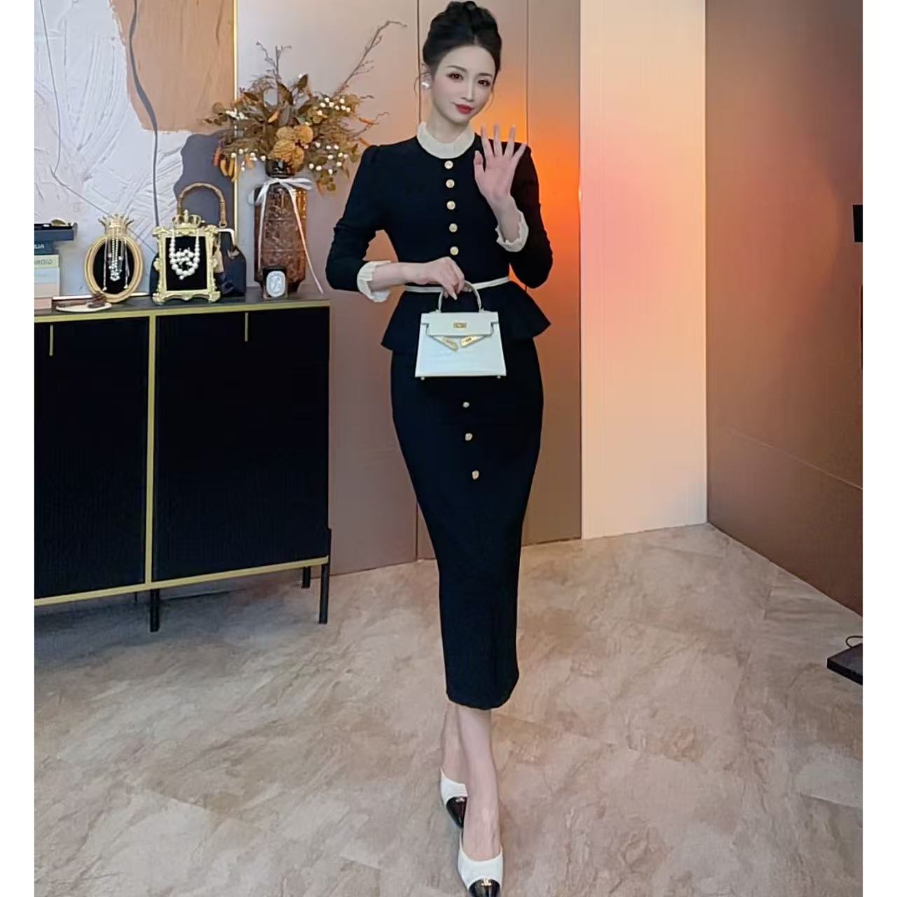 【电影画报】秋冬黑色连衣裙高级感赫本裙子修身显瘦气质假两件裙子