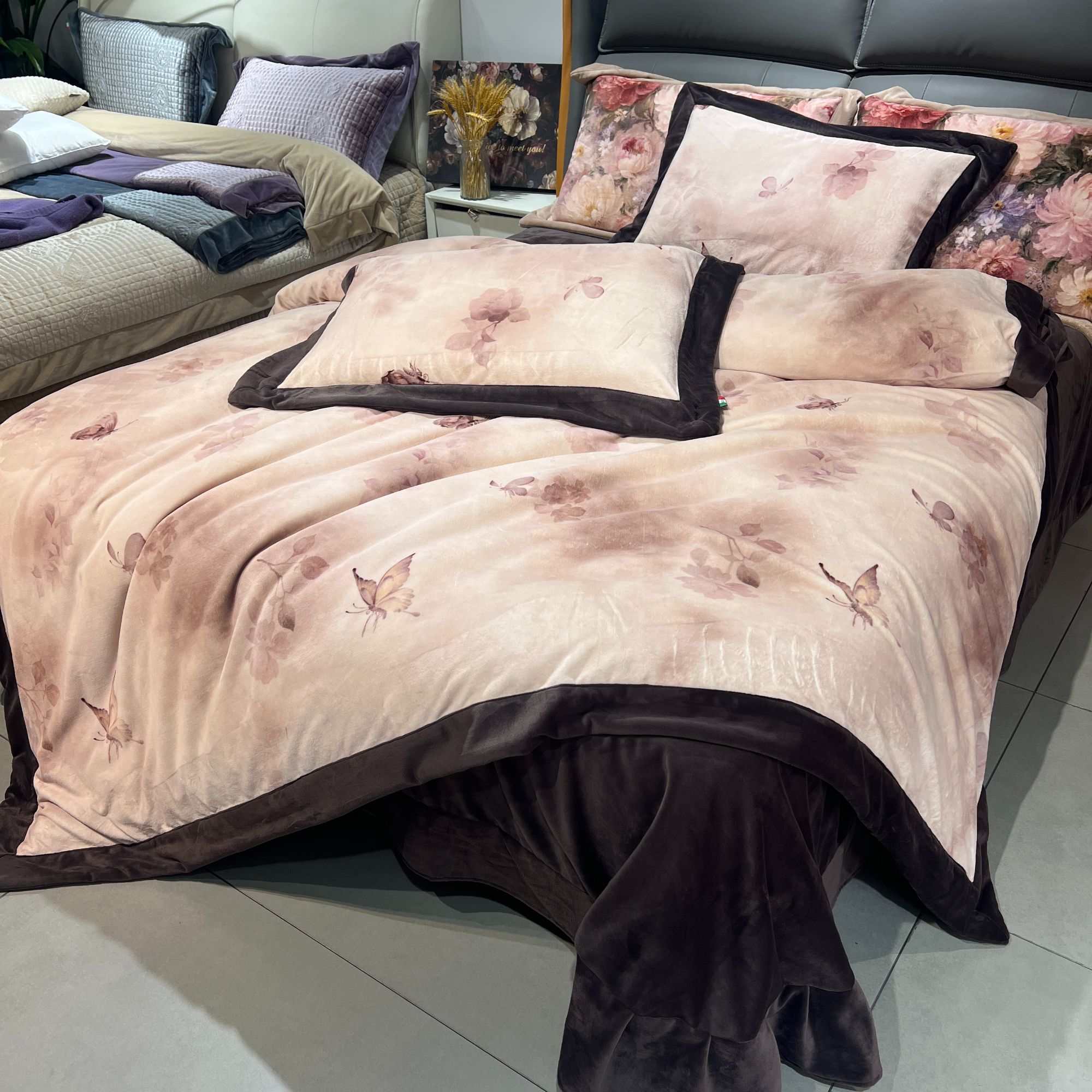 【淡花蝶影】极简轻奢印花冬季保暖双面绒加厚牛奶绒加绒床品四件套