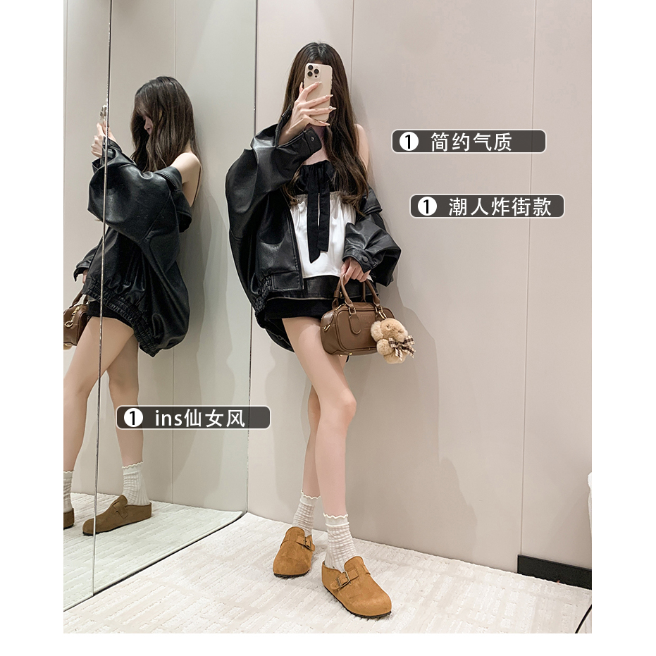 勃肯鞋女2025新款皮带扣圆头包跟一脚蹬增高半拖单鞋女