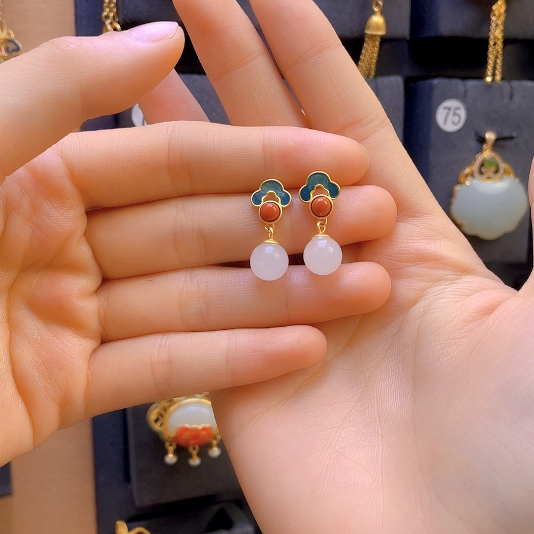 和田玉耳饰银S925镀金镶嵌