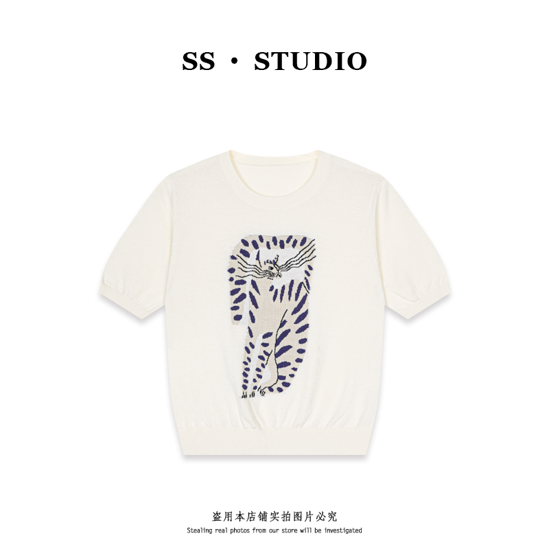 【SUSU】“孟加拉豹猫”重工提花圆领针织衫夏季休闲短袖上衣SS-5525