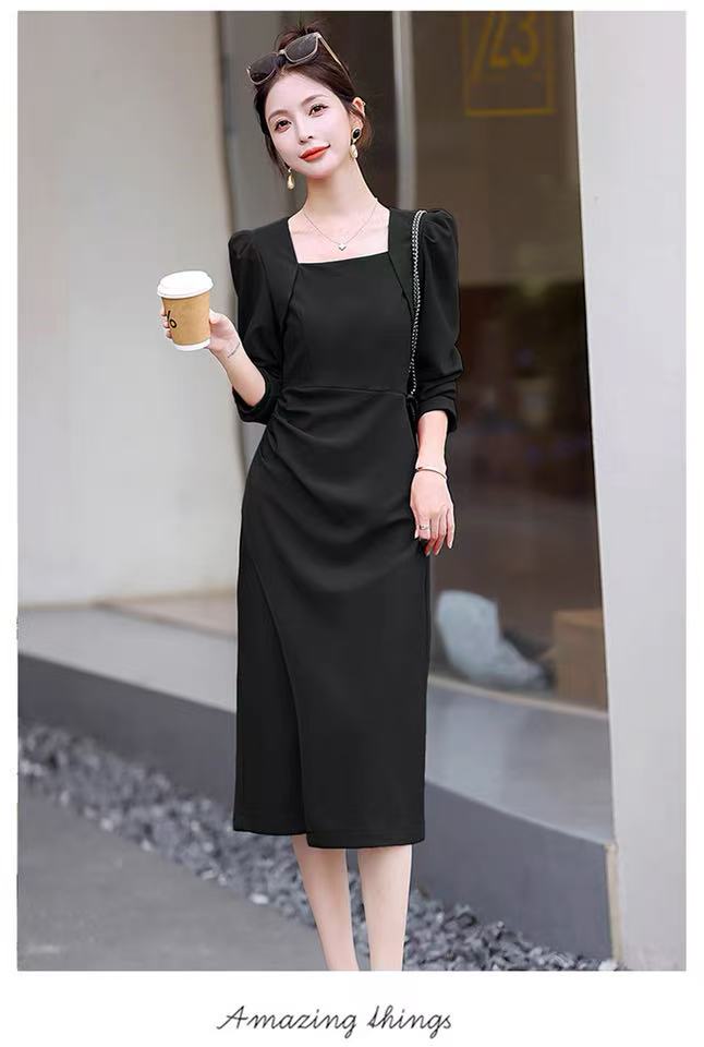 X0904  纯色方领常规褶皱荡领秋季拉链连衣裙一字领长裙