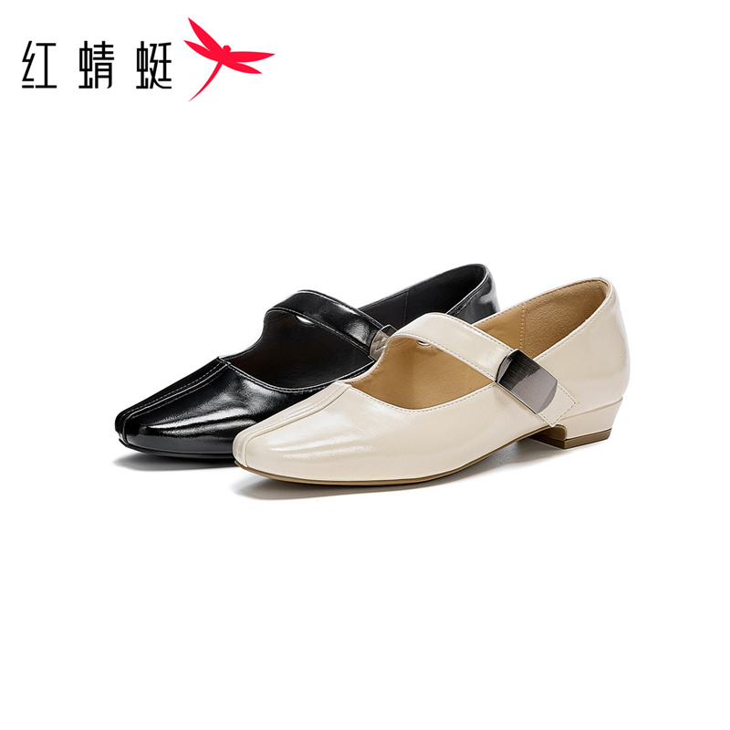 红蜻蜓女士时尚百搭复古休闲浅口粗跟舒适简约轻便一字带圆头单鞋