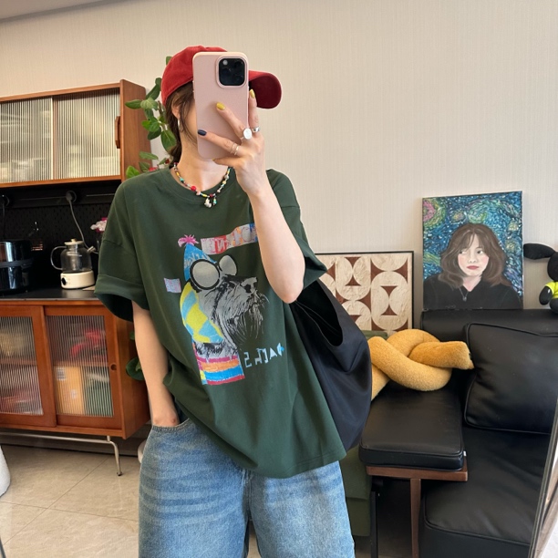 qiqi/琦琦推荐 韩版宽松百搭休闲胡须狗狗图案短袖T恤男友风