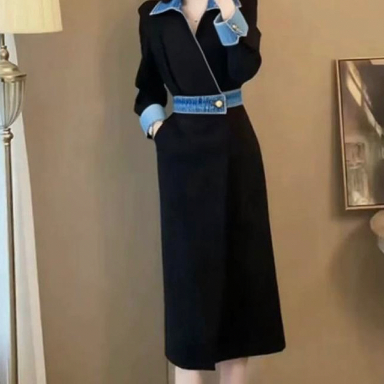 春秋法式高级感收腰显瘦长袖黑色气质连衣裙女