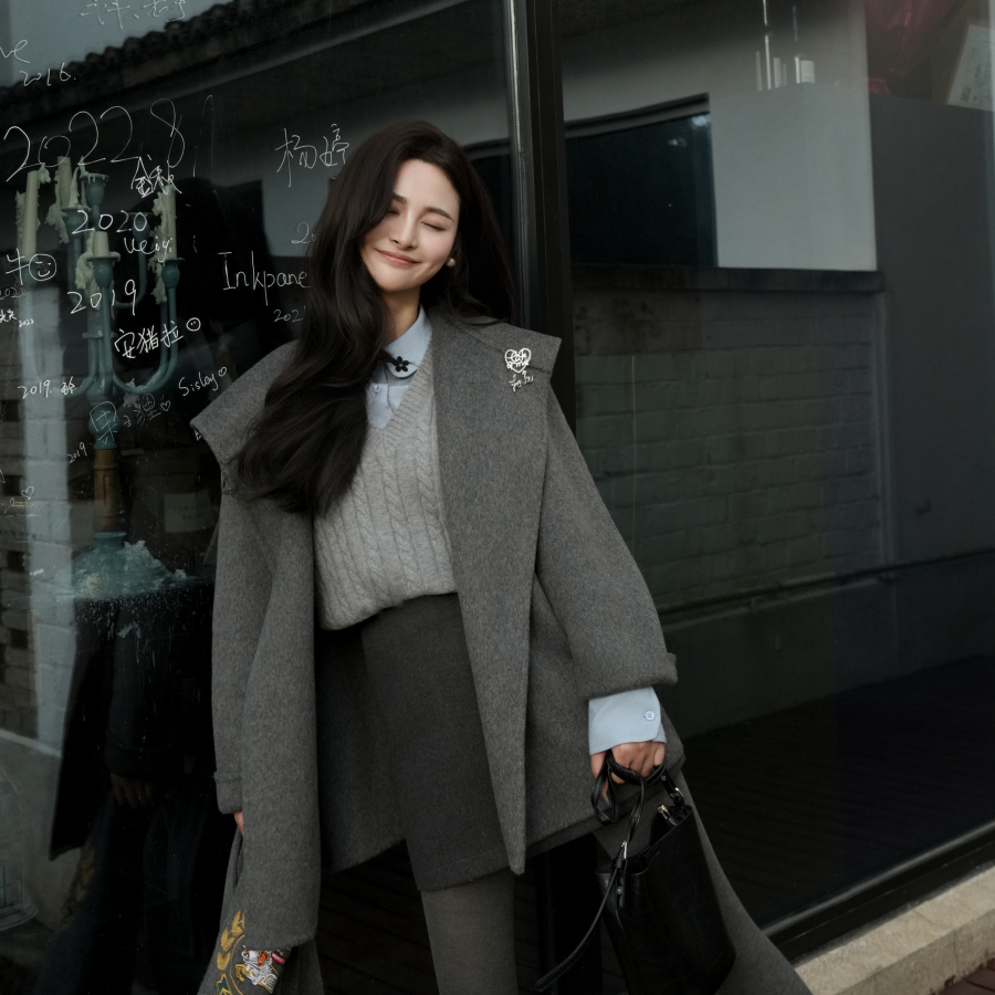 伊迪卡羊毛大衣韩系ins风休闲宽松显瘦慵懒小个子连帽双面呢