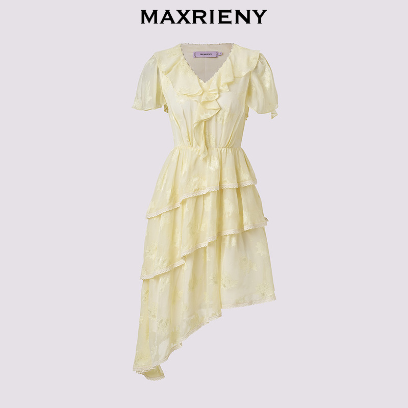 M292【赵老板专属】MAXRIENY优雅度假风连衣裙奶油色不对称裙