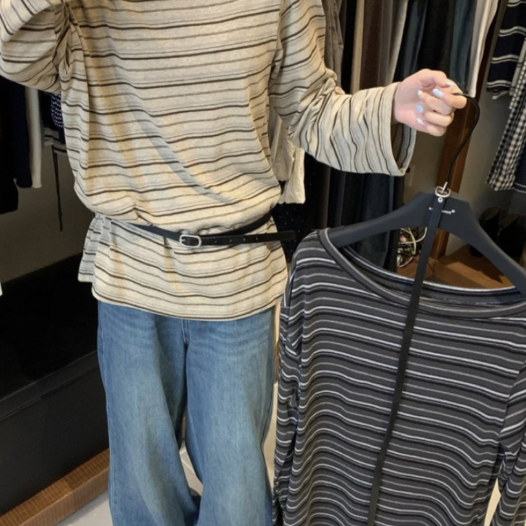 条纹丹宁风慵懒风长袖T恤短款套装针织圆领
