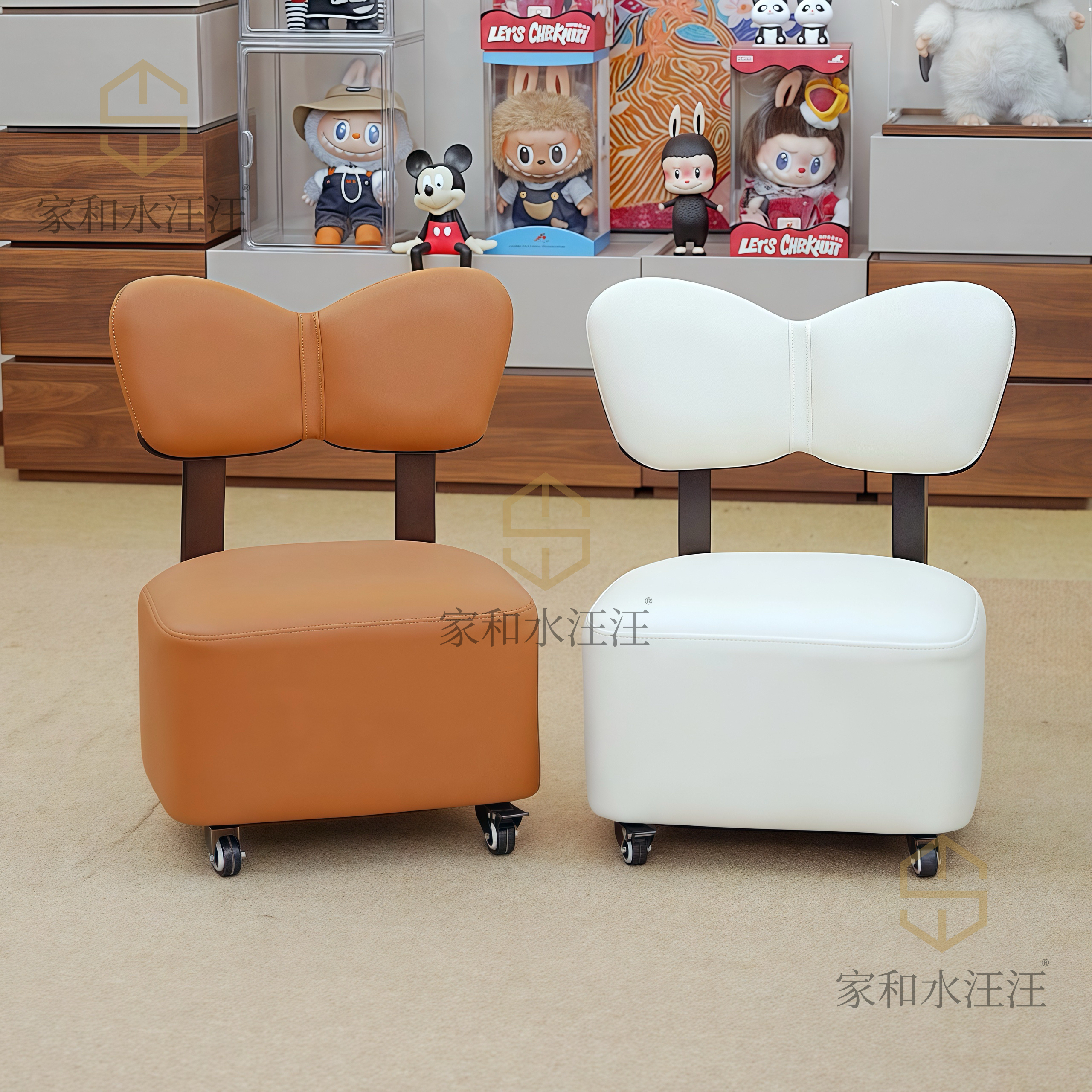 买白色送桔色【蝴蝶溜溜椅】轻奢实木软包靠背蝴蝶结创意小椅子