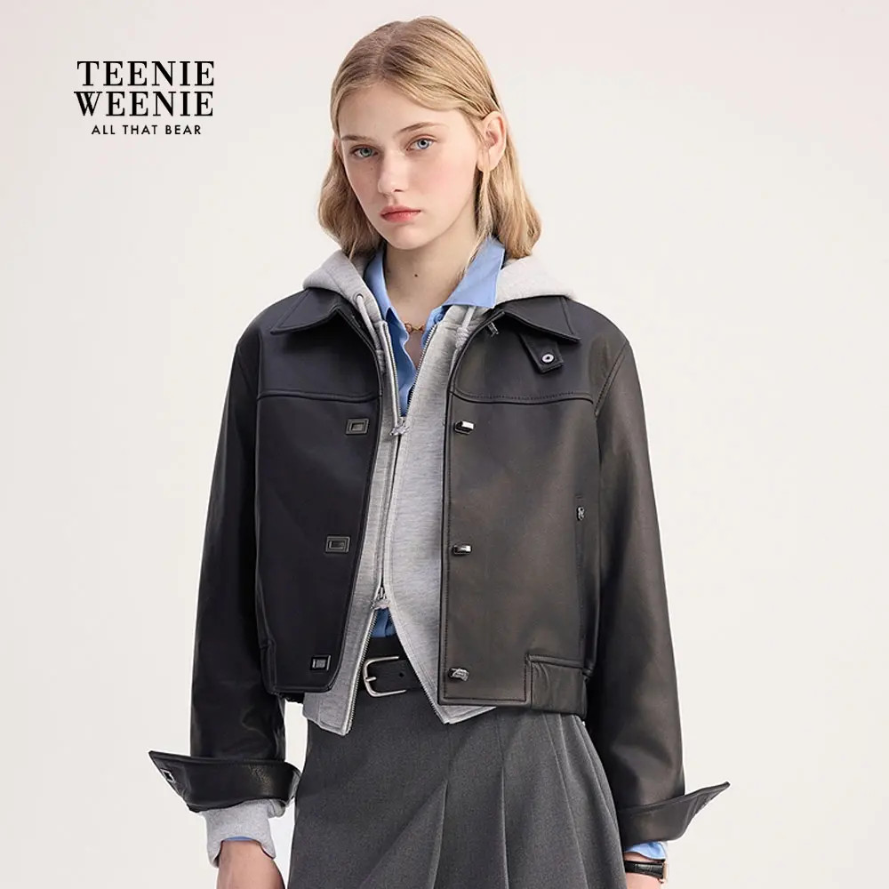 TeenieWeenie小熊女装皮衣25秋新时髦短款翻领外套女TTJL254901W