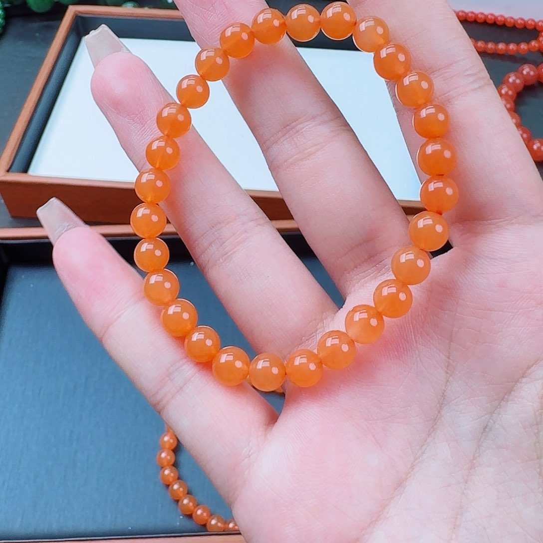 南红玛瑙冰红卡6手串高货未镶嵌