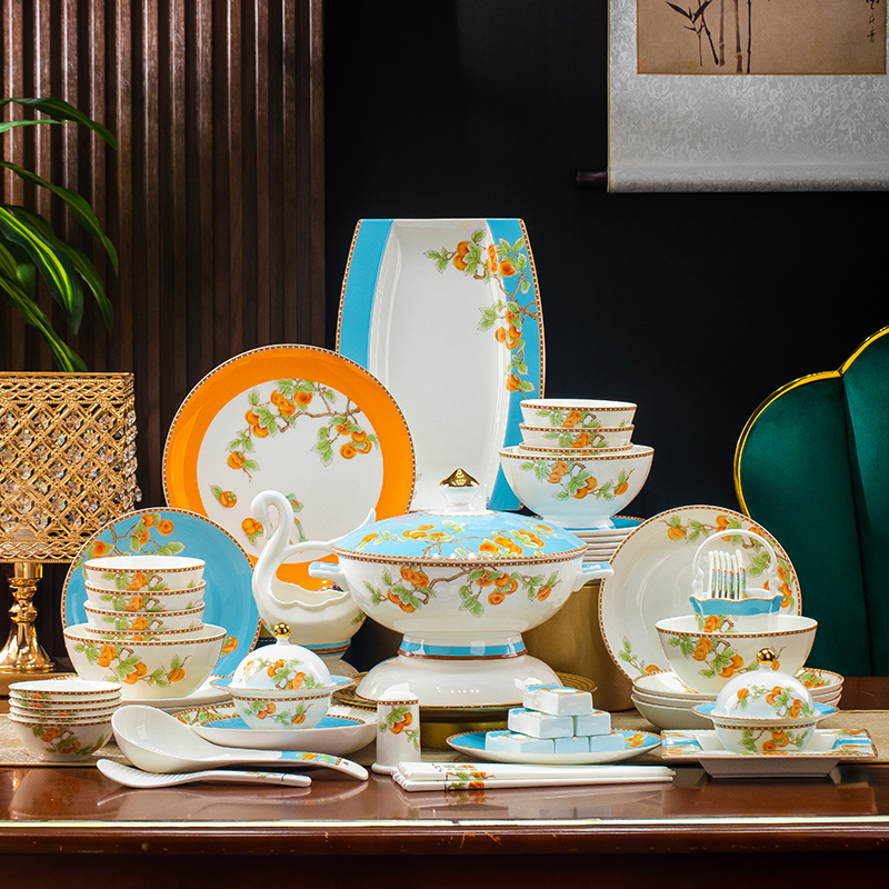 景耐宝景德镇高温骨瓷餐具事事如意95头餐具套装中式家用高档描金