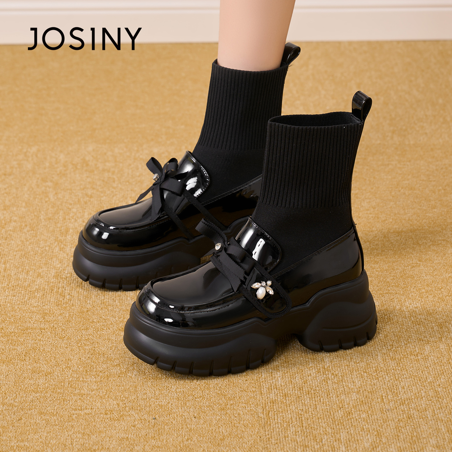 卓诗尼2025蝴蝶结袜靴黑色中筒筒靴圆头显瘦休闲瘦瘦靴502A64914