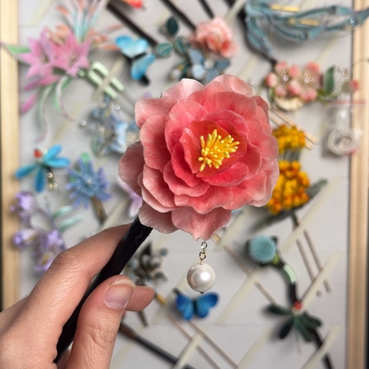 红色扁绒绒花发簪11