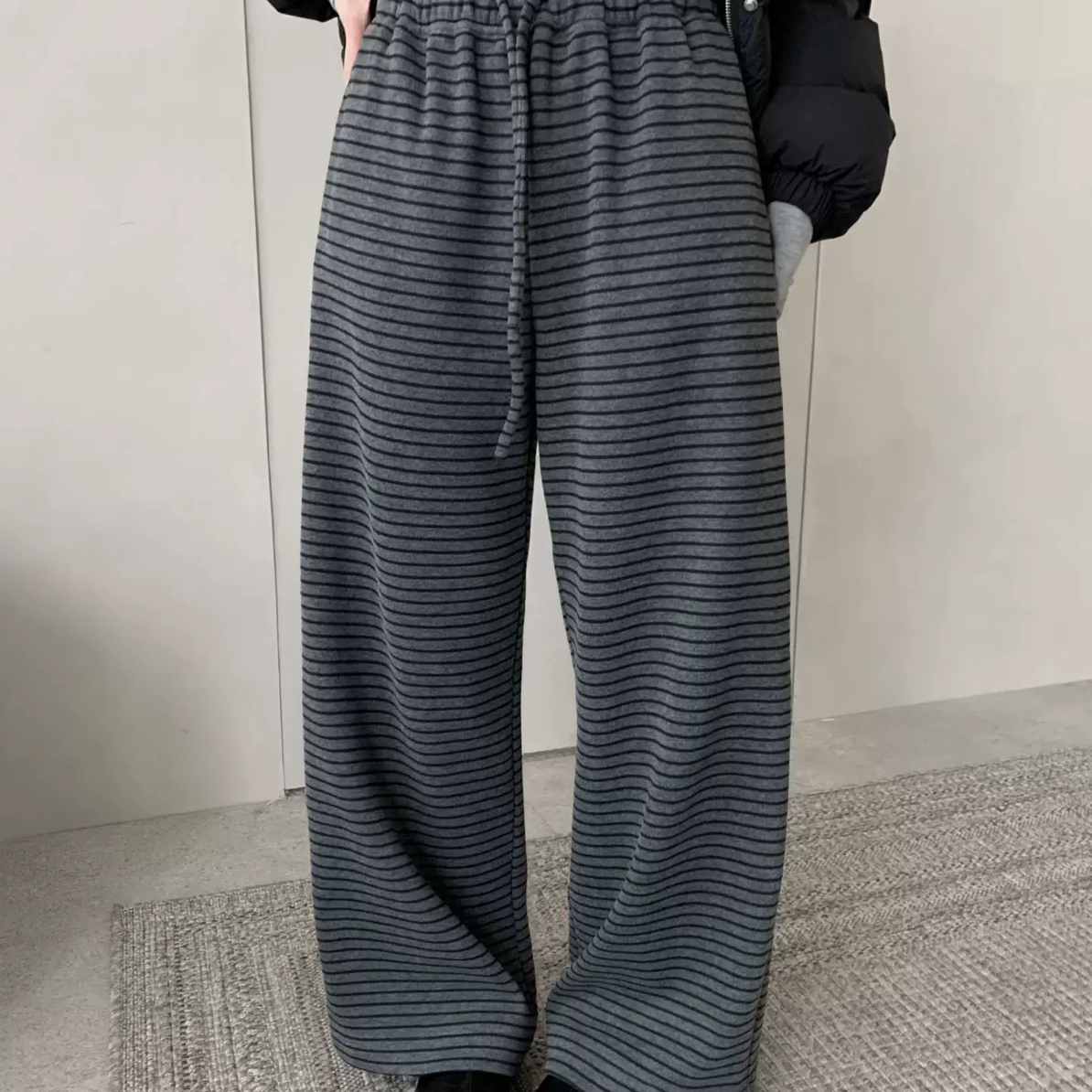 大码冬季加绒条纹高腰显瘦直筒休闲裤百搭阔腿裤