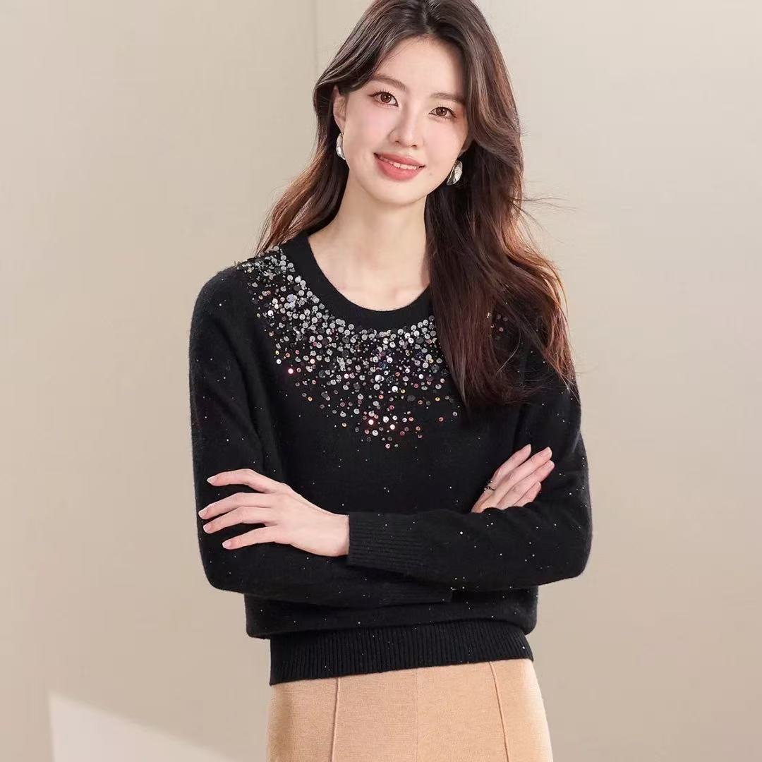 圆领纯色钉珠羊毛套衫时尚含羊绒针织衫线衫