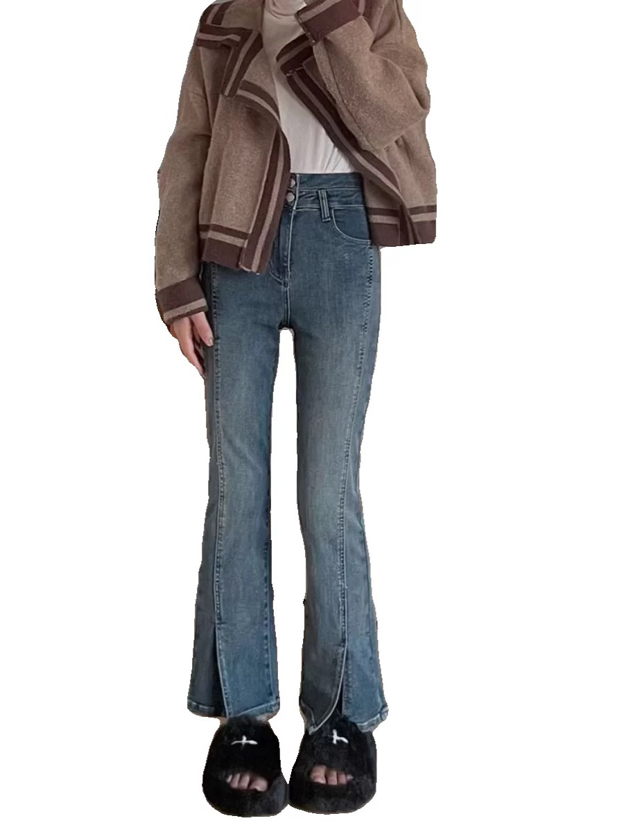 蓝色高腰高弹力两粒扣开叉微喇裤显瘦时尚休闲百搭