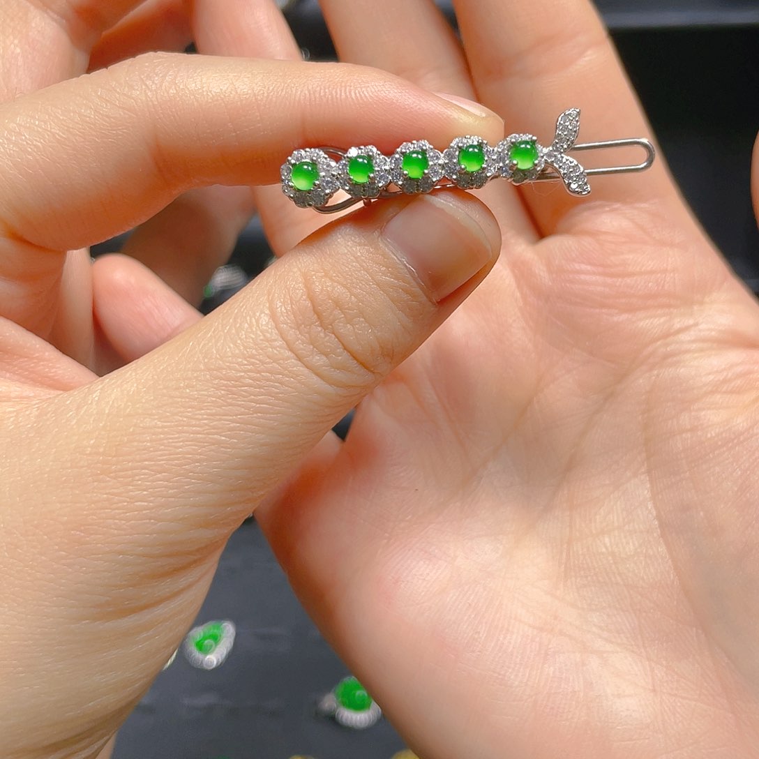 翡翠戒指银S925镶嵌发夹