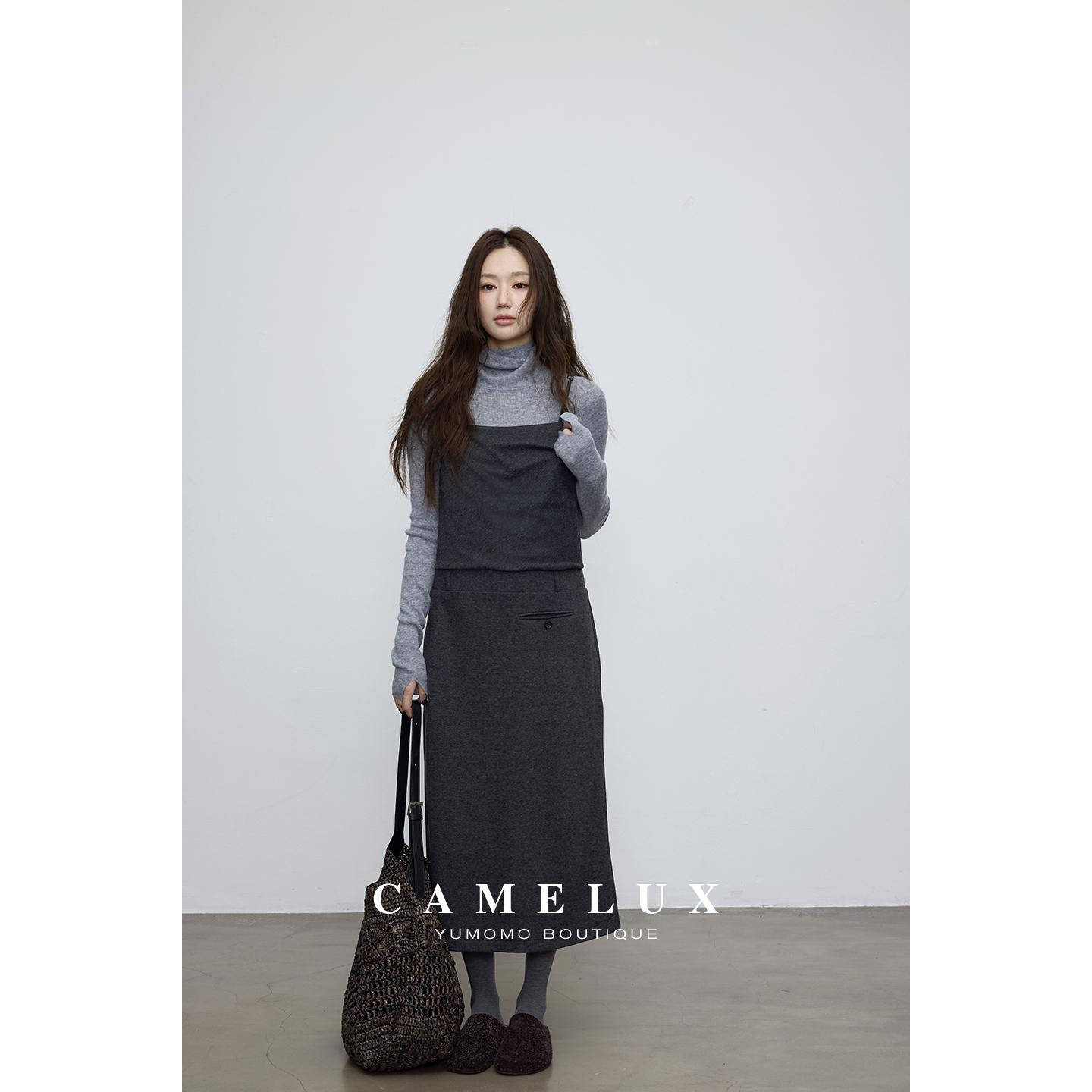 【Camelux线】糯米针织吊带裙 花纱双色细糯绒慵懒背带长裙 QLA3012
