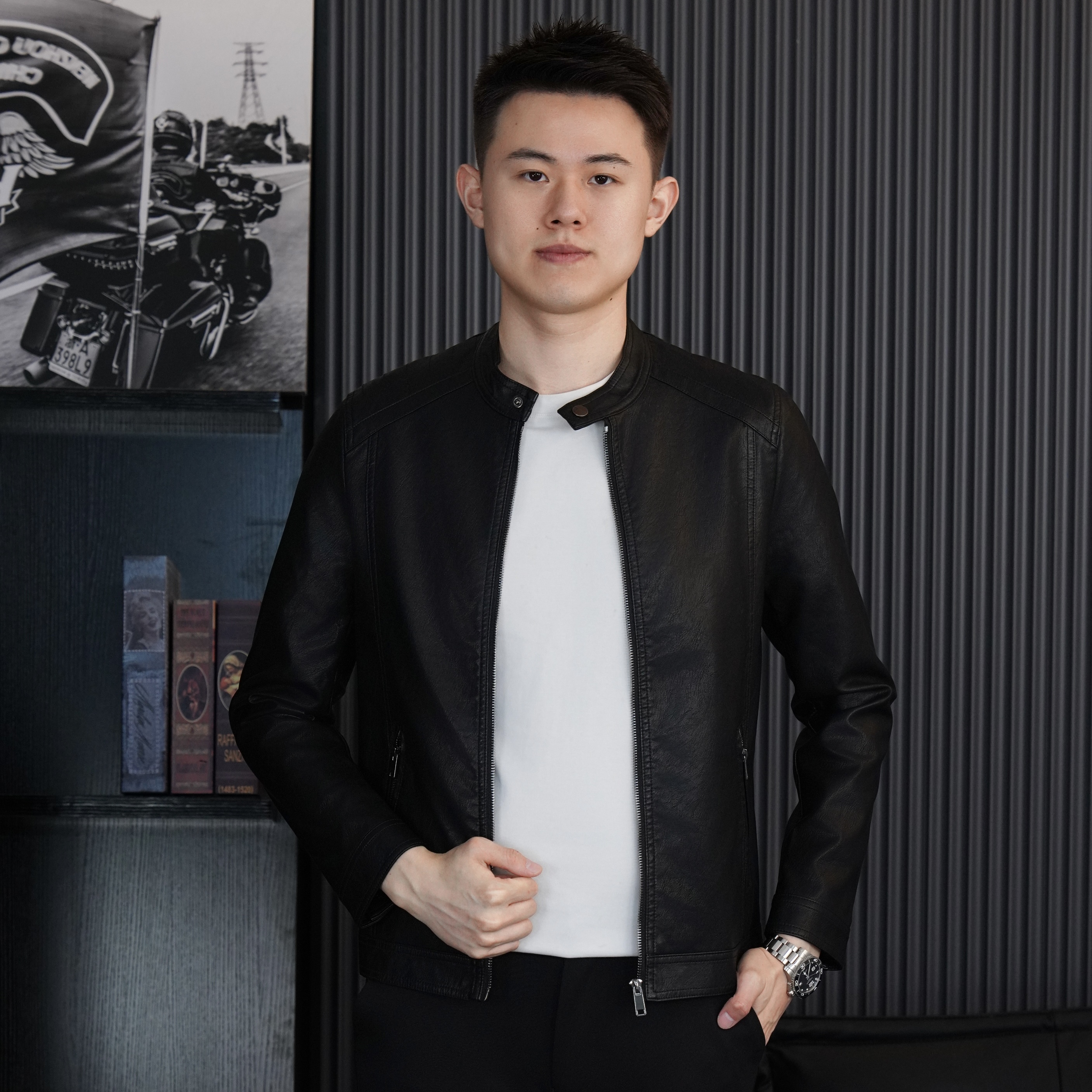 【Bing哥哥】简约时尚商务休闲百搭修身春秋机车皮夹克翻领皮衣男