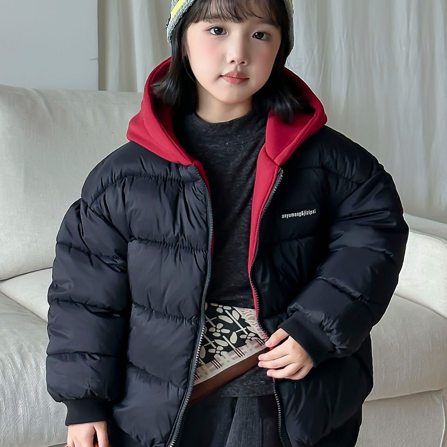 新款25儿童穿棉服加厚保暖宝宝连帽撞色棉衣男童女童冬装外套防寒