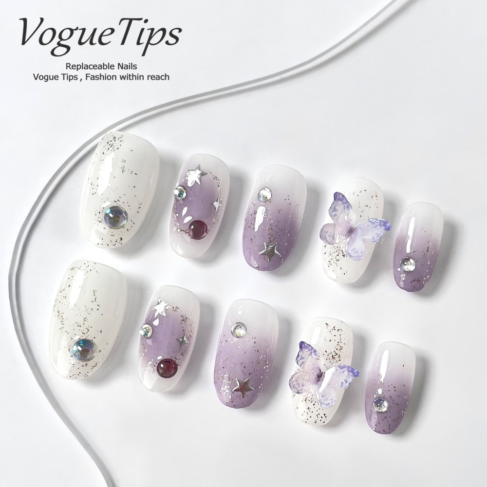 VogueTips 紫雾星光手工穿戴甲淡紫优雅立体蝴蝶甲片短椭圆ZB649