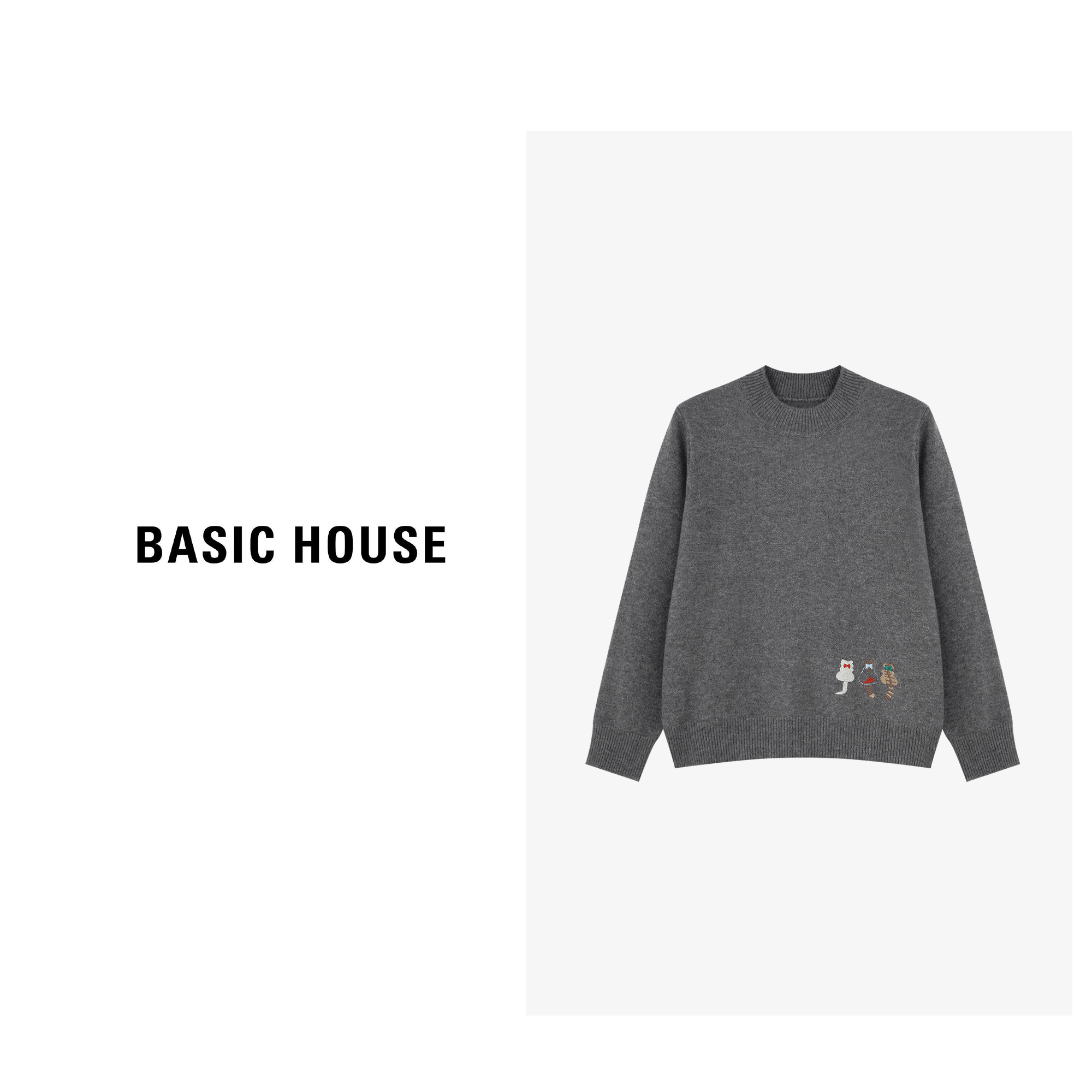 Basic House/百家好秋冬半高领卡通小角色刺绣毛衣-B0625B5RWA2