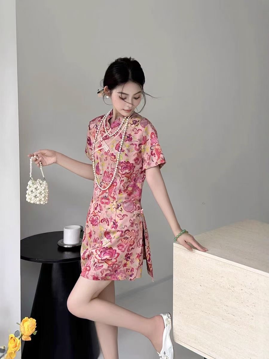 中长款碎花旗袍裙夏季中国风短袖时尚套装通勤风女款