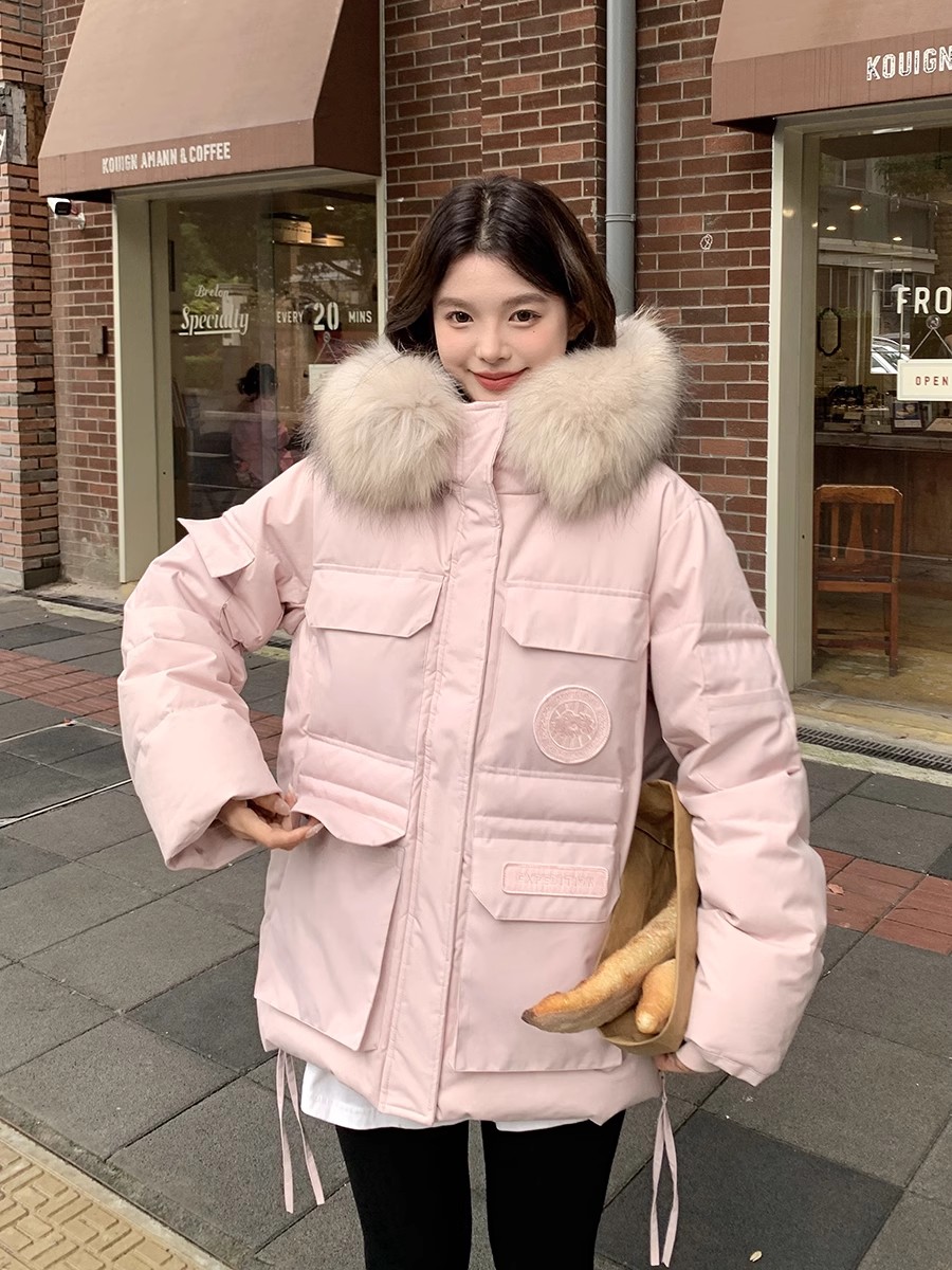 工装毛领派克服羽绒棉服女设计感小众2025冬季新款加厚外套