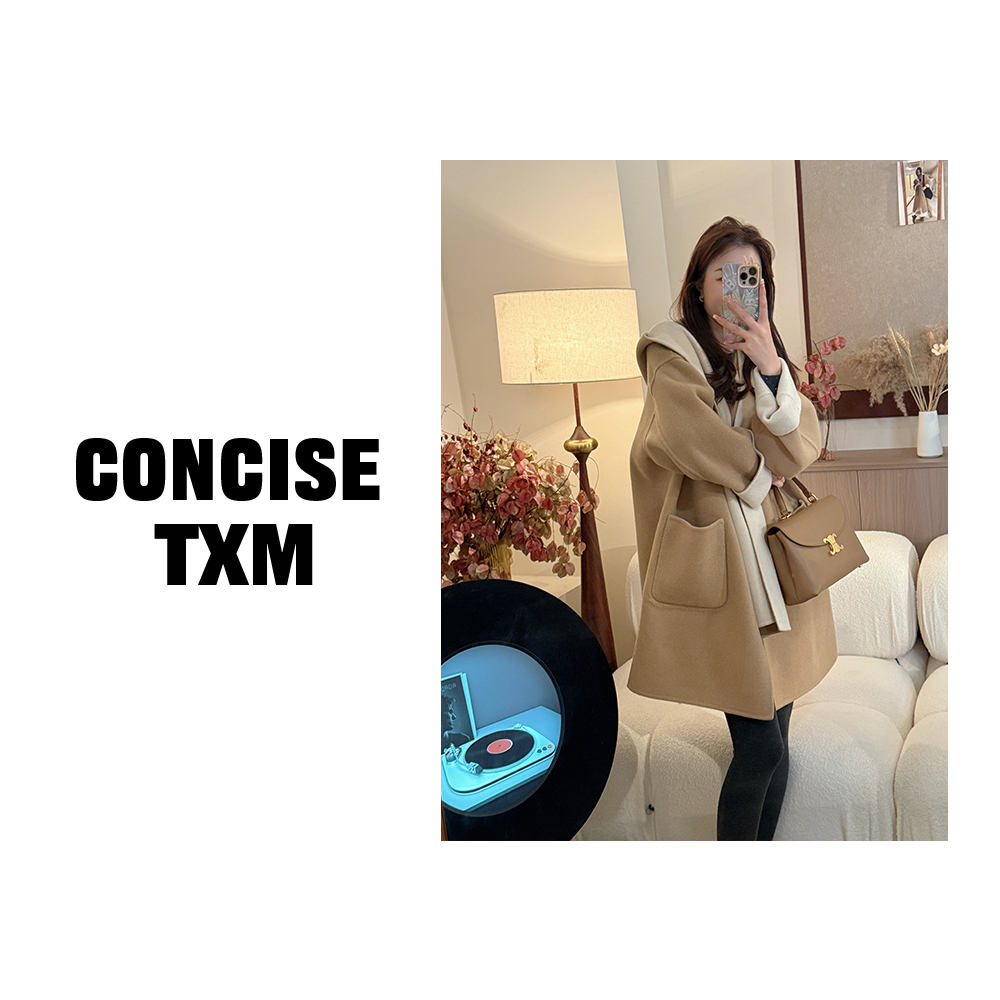 【唐小木】两面穿帽子围巾款大衣 秋冬宽松羊毛大衣 DY1063