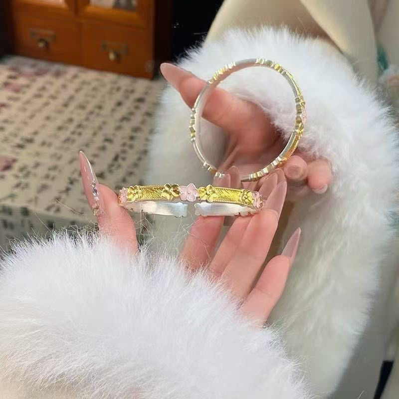 足银珐琅手镯 6号链接足银描金珐琅彩春樱手镯中式梅花手镯