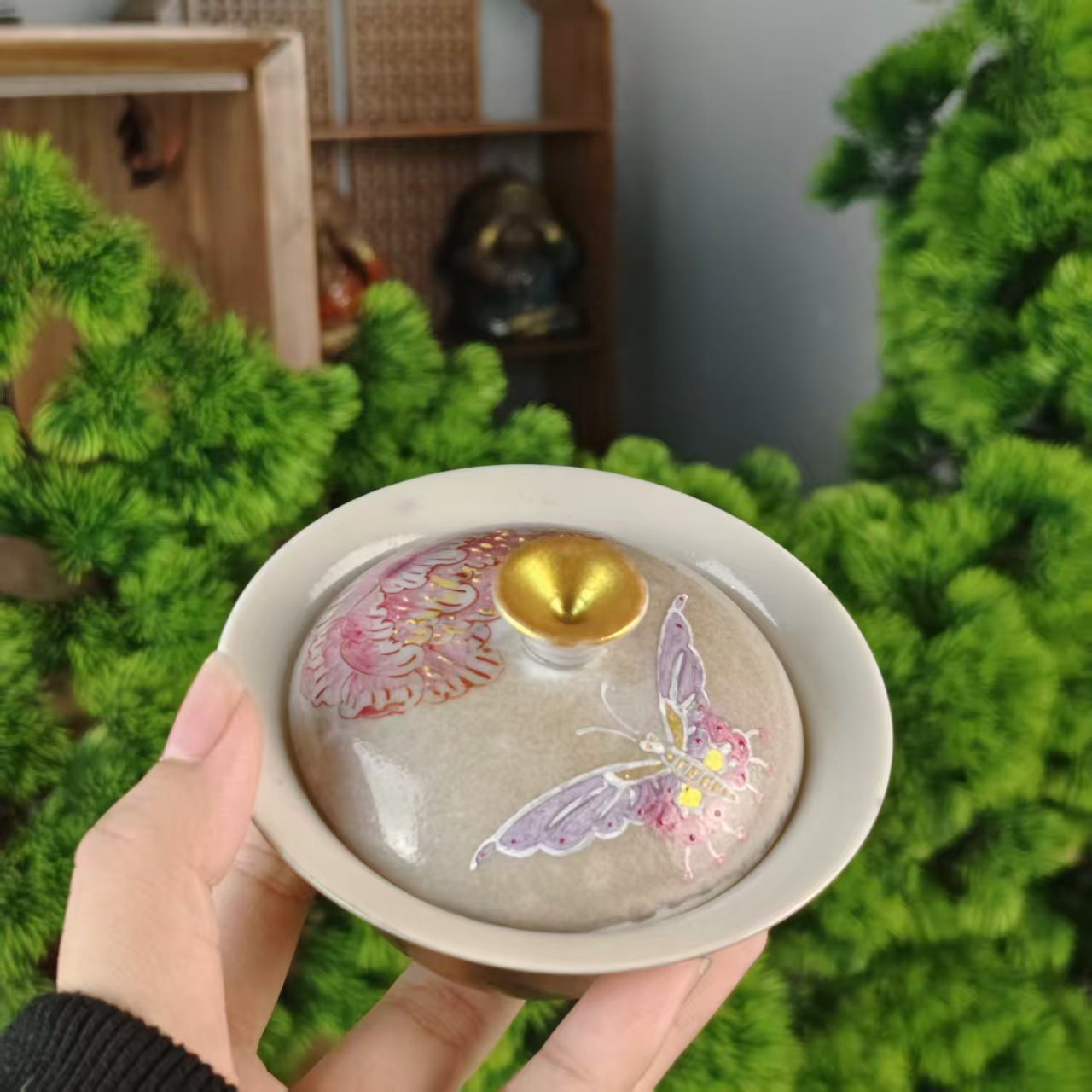 XSY-绿志野 手绘盖碗 蝴蝶 DD0118