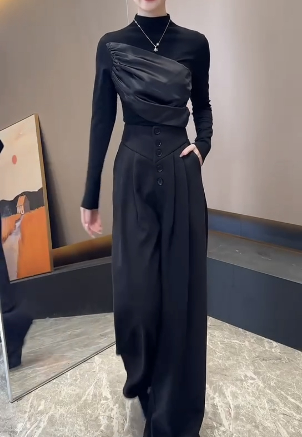 新款时尚气质半高领上衣拼接上衣休闲显瘦女装