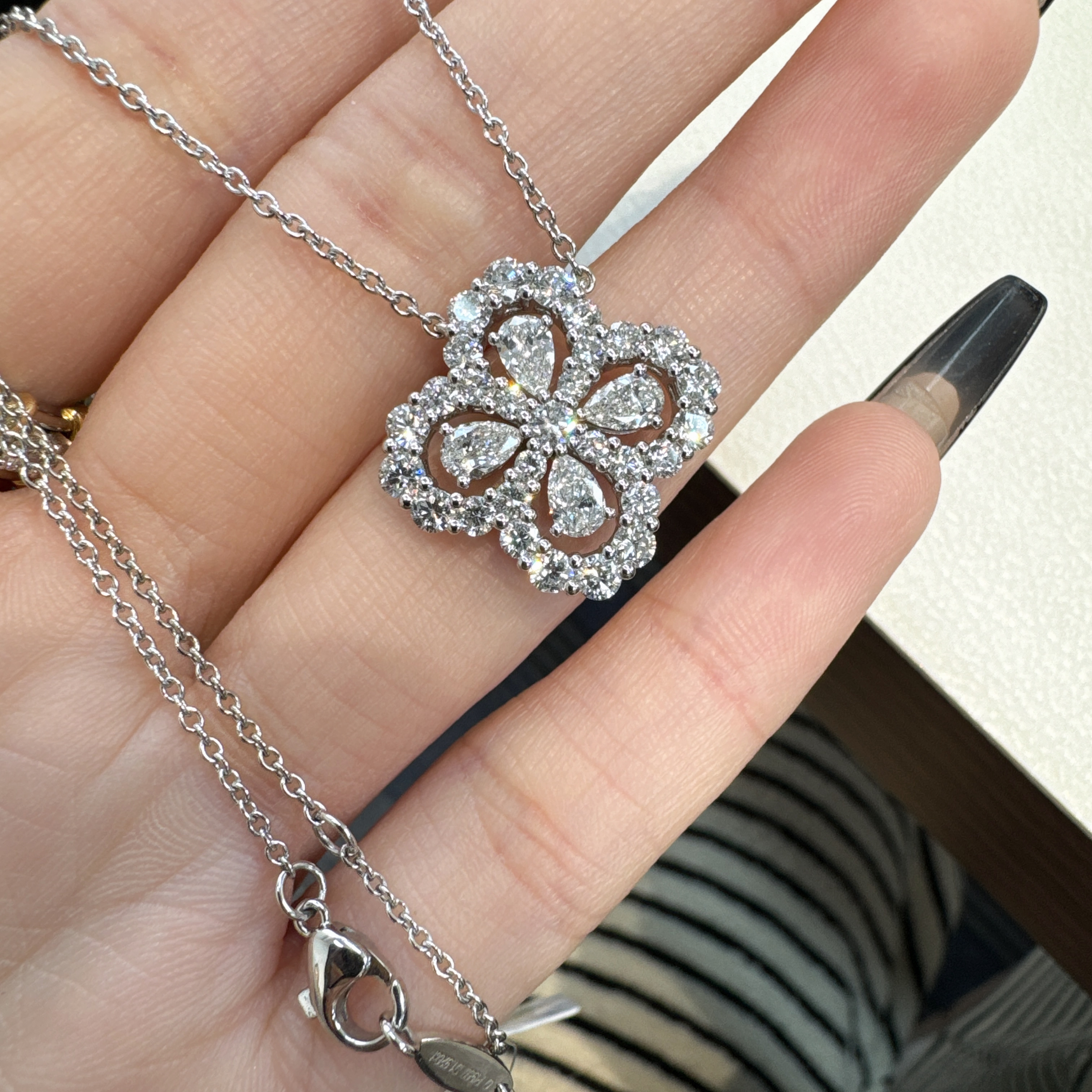 合成钻石【念慈高定】PT950镂空培育钻幸运草项链43cm