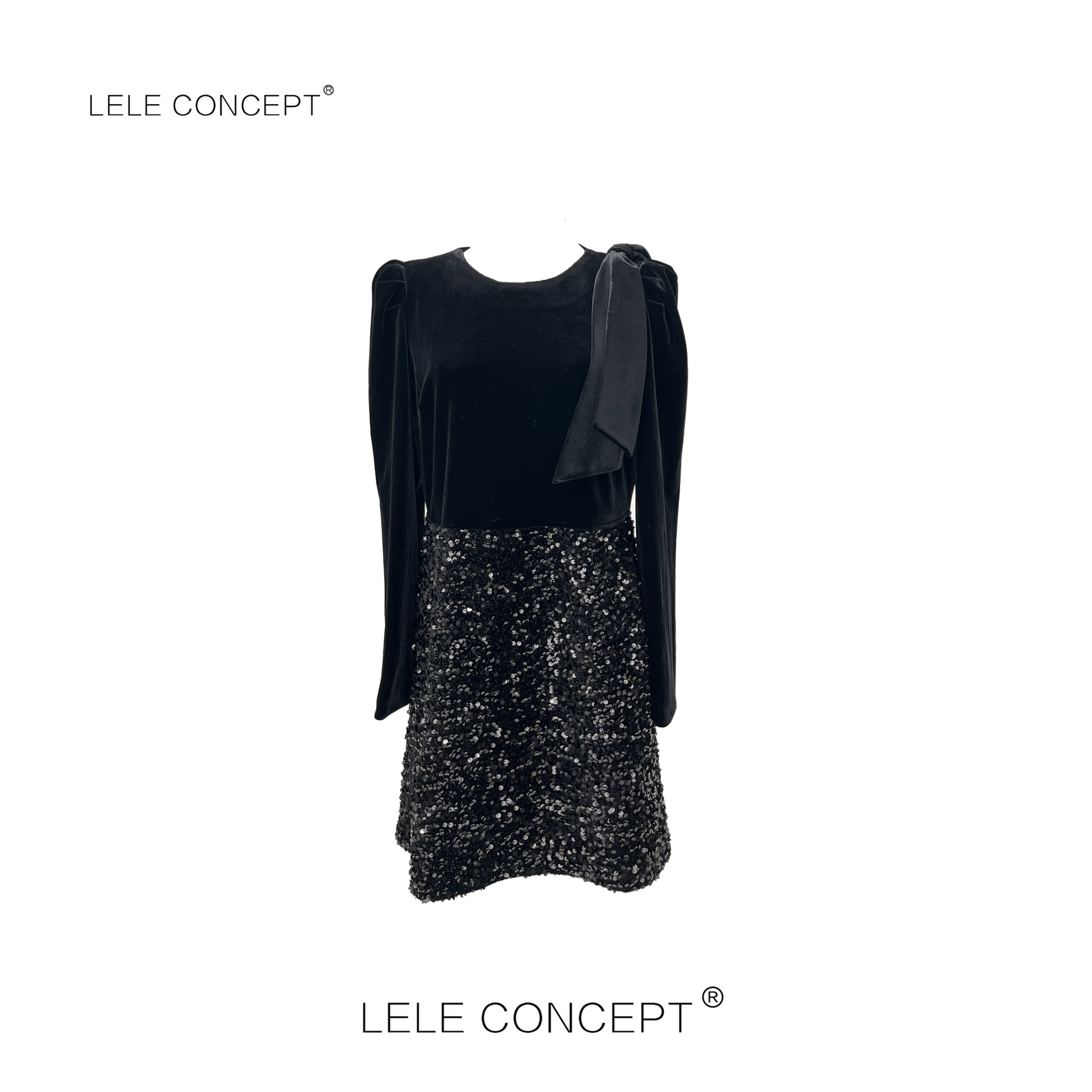 LELE CONCEPT丨「如一」肩部蝴蝶结亮片拼接连衣裙气质轻奢Q0474