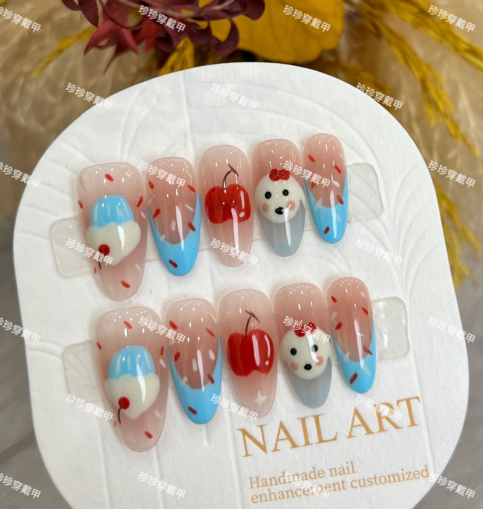 【吃货修狗】珍珍手工穿戴甲卡通童趣手绘法式苹果冰淇淋修狗美甲