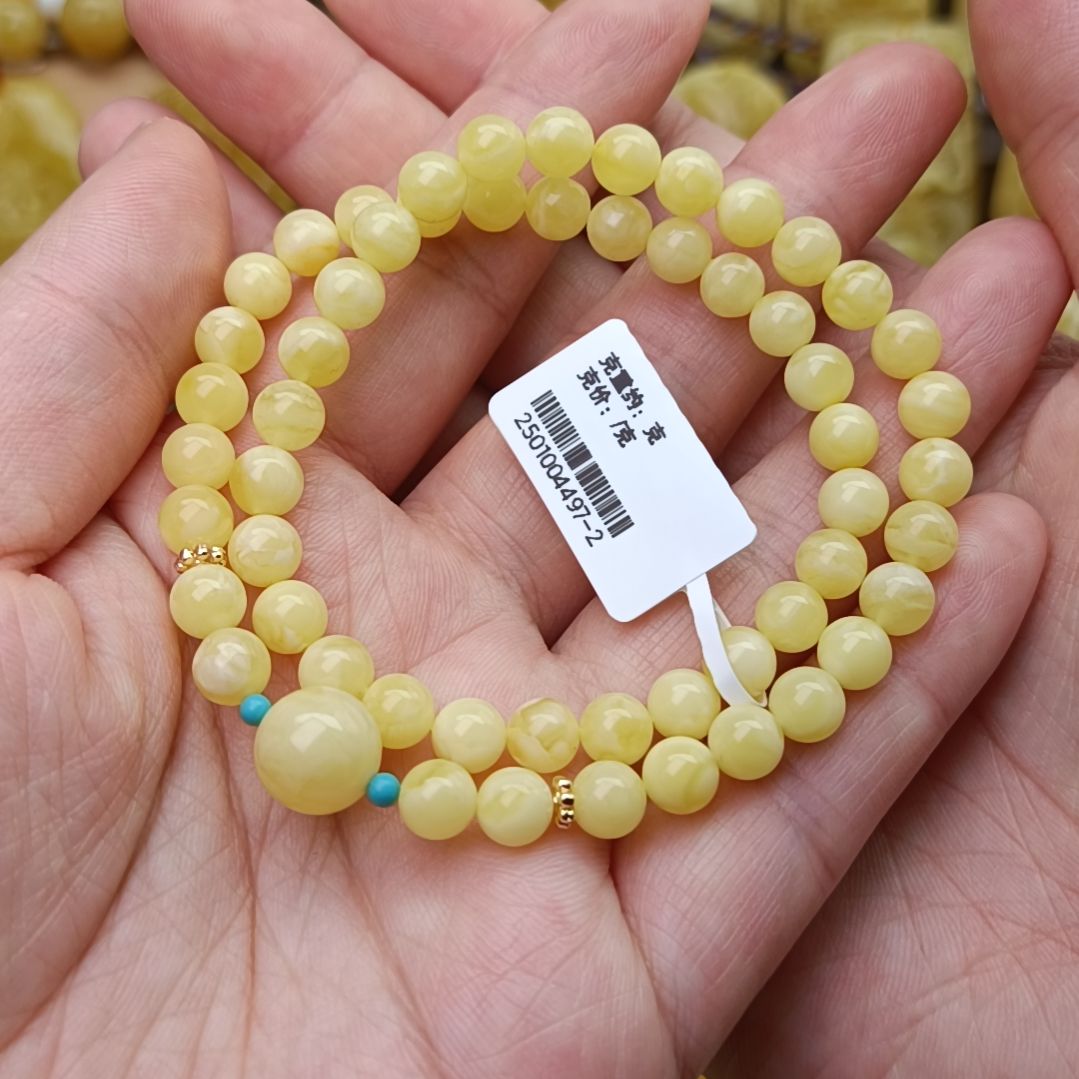 蜜蜡手链未镶嵌6圆珠浓奶豆双圈