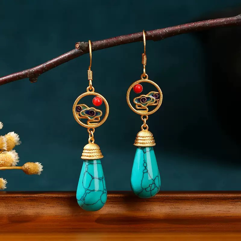 铜合金珐琅耳饰 新中式古法镀金珐琅滴釉工艺祥云复古耳环
