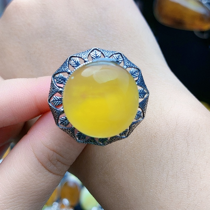 琥珀裸石银S925镶嵌 戒指
