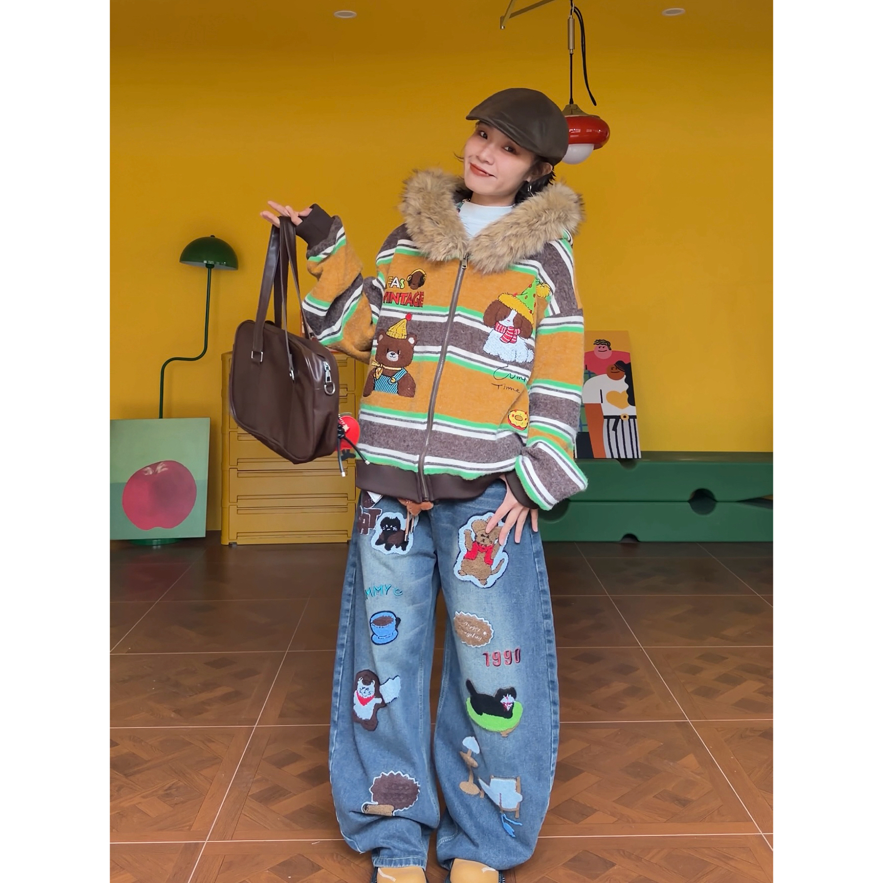 （小猫童趣刺绣牛仔裤）美式复古甜酷直筒大口袋拖地裤