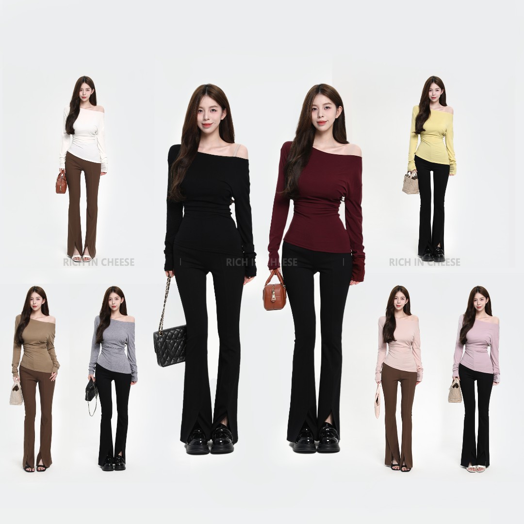 舒胡蕾 斜肩收腰T【部分现货】 天丝针织长袖T不规则修身女士显瘦