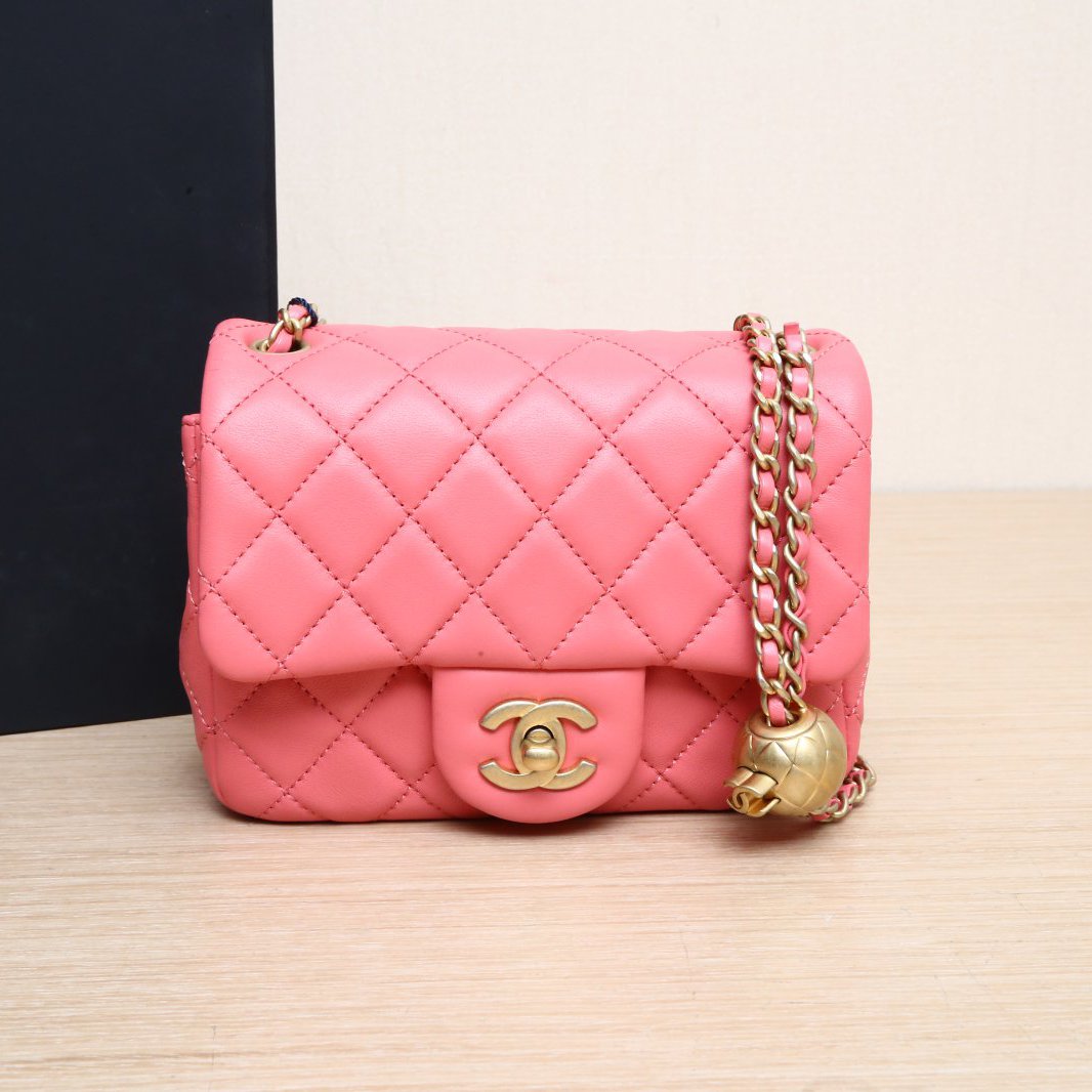 99新 Chanel/香奈儿 小花双双 CF 方胖子 粉色 皮革S 30开 金球