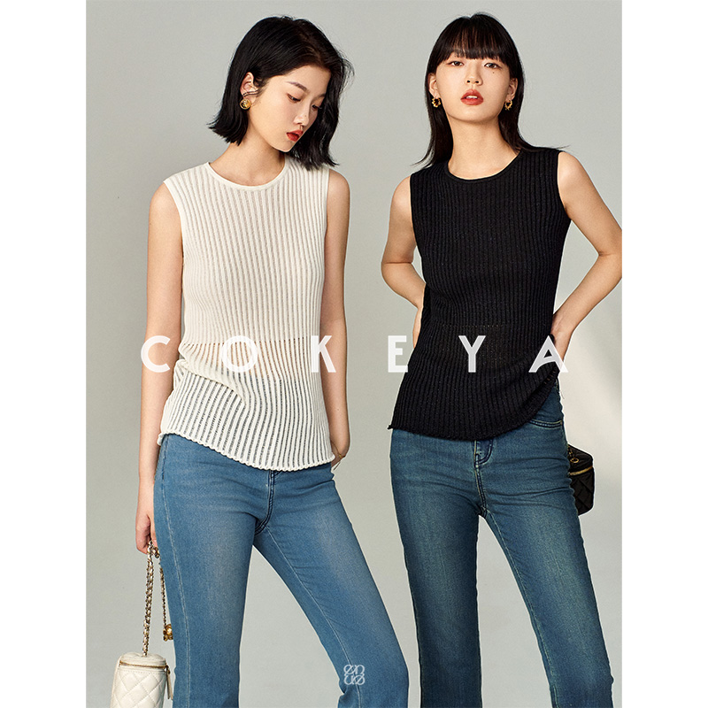 COKEYA/艺术琴弦~高支干爽凉感长绒棉纱镂空坑条圆领背心女夏薄