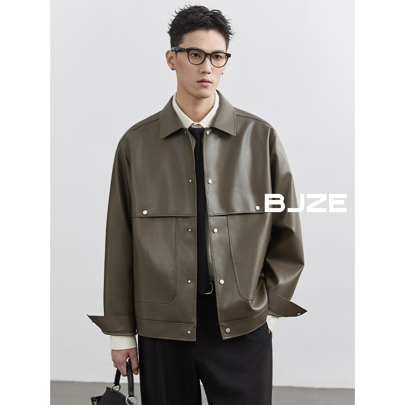 BJZE男装春秋新款定织PU皮夹克短款机车潮流翻领上衣外套E431459