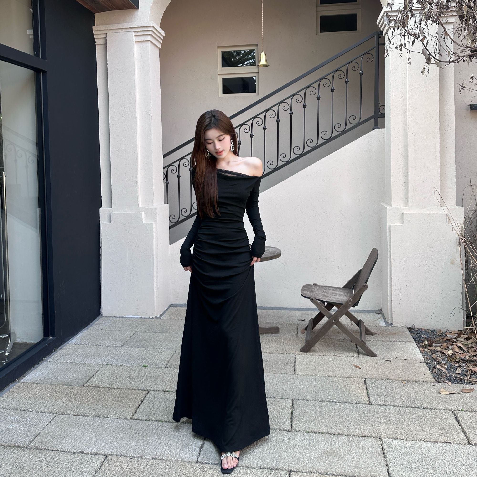 Susu新 气质蕾丝长裙 荡领长袖连衣裙高级感修身收腰显瘦连衣裙